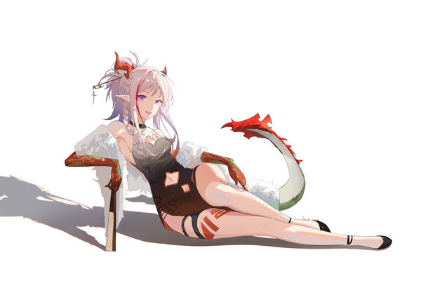 Anime-Bild 6298x4200 mit arknights nian (arknights) wjx724888319 single long hair highres light erotic simple background white background purple eyes absurdres silver hair tail traditional clothes multicolored hair horn (horns) pointy ears bare legs shadow streaked hair