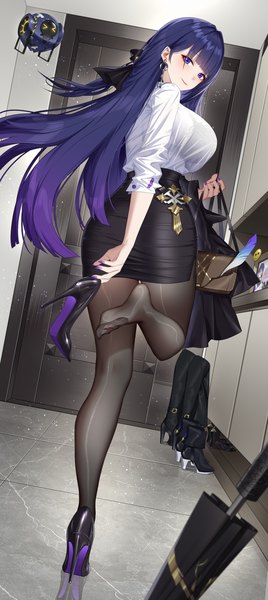 Anime picture 2500x5607 with honkai impact 3rd honkai (series) raiden mei wu ganlan cai single long hair tall image looking at viewer blush fringe highres breasts blue eyes light erotic large breasts standing holding purple hair full body ass