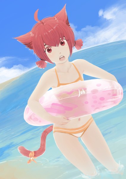 Anime picture 2480x3508 with original milk (jubi) jubi (regiana) single tall image looking at viewer fringe highres short hair open mouth light erotic hair between eyes red eyes twintails holding signed animal ears sky ahoge red hair