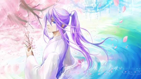 Anime picture 1339x750 with vocaloid kamui gakupo single long hair blue eyes wide image purple hair ponytail japanese clothes cherry blossoms boy plant (plants) petals tree (trees) water kimono branch