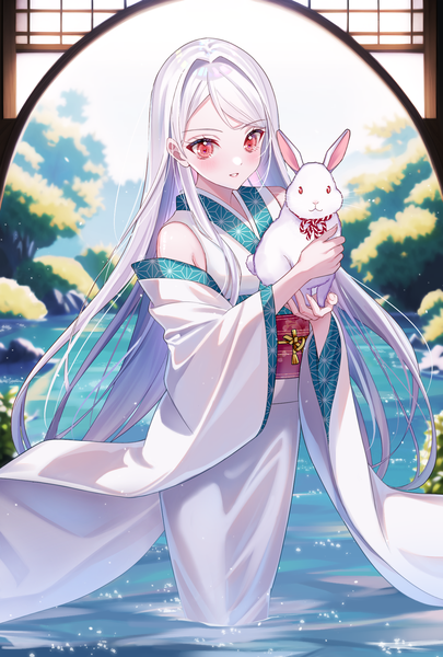 Anime picture 1378x2039 with original shirase rin single long hair tall image blush red eyes holding white hair traditional clothes japanese clothes partially submerged new year river girl plant (plants) detached sleeves animal tree (trees) kimono