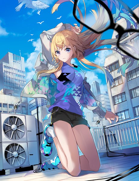 Anime picture 730x950 with original eihi single long hair tall image looking at viewer fringe blonde hair hair between eyes purple eyes sky cloud (clouds) upper body outdoors multicolored hair wind open jacket kneeling city cityscape