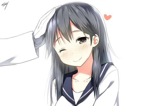 Anime picture 1400x987 with kantai collection ushio destroyer admiral (kantai collection) sky-freedom long hair looking at viewer blush black hair simple background smile white background signed one eye closed wink grey eyes hand on head girl boy gloves white gloves
