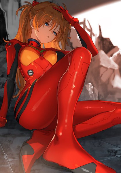 Anime picture 700x1000 with neon genesis evangelion gainax soryu asuka langley nima (niru54) single long hair tall image looking at viewer fringe blue eyes hair between eyes sitting payot full body bent knee (knees) parted lips head tilt orange hair arm support two side up