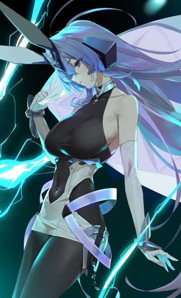Anime picture 3967x6514 with azur lane new jersey (azur lane) yd (orange maru) single long hair tall image fringe highres breasts blue eyes light erotic simple background hair between eyes large breasts standing bare shoulders holding animal ears blue hair looking away