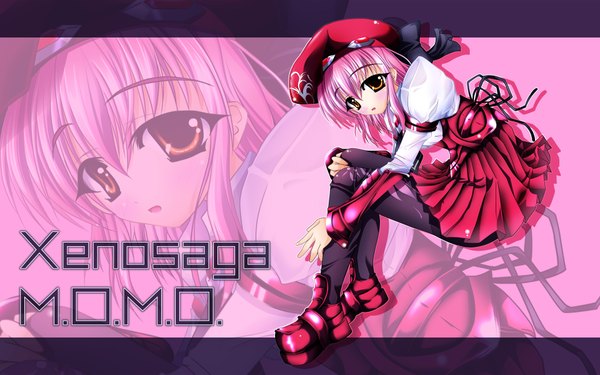 Anime picture 1920x1200 with yu-ri (noteism) single looking at viewer highres short hair wide image sitting pink hair orange eyes zoom layer girl dress hat shoes
