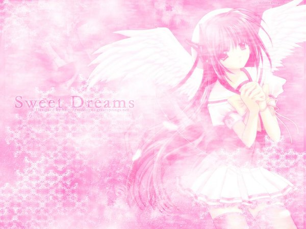 Anime picture 1024x768 with shuffle! single long hair looking at viewer fringe pink hair angel wings angel girl dress wings white dress