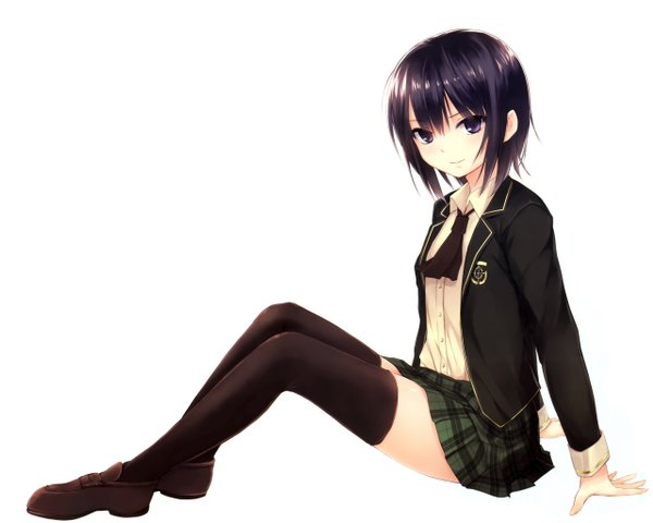 Anime picture 2560x2048 with boku wa tomodachi ga sukunai mikazuki yozora single looking at viewer blush highres short hair black hair simple background white background purple eyes light smile hands behind back girl thighhighs uniform black thighhighs school uniform miniskirt necktie