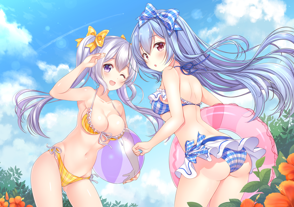 Anime picture 5787x4093 with aoba project aoba chise aoba rena sakura moyon long hair looking at viewer blush fringe highres breasts open mouth light erotic smile hair between eyes red eyes large breasts standing twintails purple eyes bare shoulders