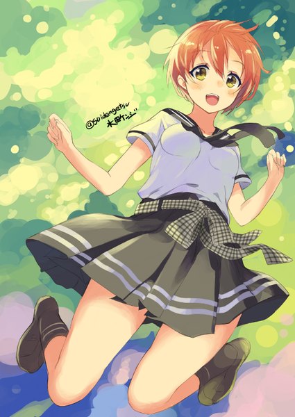 Anime picture 1020x1440 with love live! school idol project sunrise (studio) love live! hoshizora rin mizuta kenji (suidengetsu) single tall image looking at viewer blush short hair open mouth signed yellow eyes orange hair jumping girl skirt uniform miniskirt serafuku