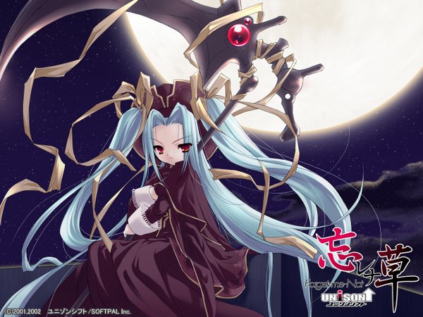 Anime picture 1280x960 with wasurenagusa - forget-me-not eario itou noiji single looking at viewer red eyes twintails blue hair very long hair night loli copyright name girl dress ribbon (ribbons) weapon moon full moon scythe