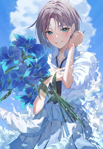 Anime picture 1300x1874 with idolmaster idolmaster shiny colors asakura tooru cute mdr single tall image looking at viewer blush short hair blue eyes smile sky cloud (clouds) upper body grey hair grin clothes around waist girl flower (flowers) bouquet