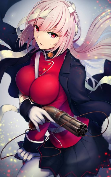 Anime picture 1000x1600 with fate (series) fate/grand order florence nightingale (fate) cocorosso single long hair tall image looking at viewer fringe breasts light erotic simple background large breasts holding pink hair head tilt pink eyes from above girl skirt