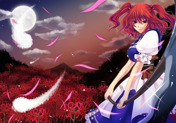 Anime picture 1000x701 with touhou onozuka komachi yukian single looking at viewer short hair red eyes cloud (clouds) red hair two side up girl dress weapon petals moon scythe higanbana