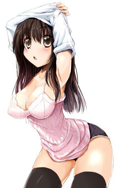 Anime picture 742x1200 with original azican single long hair tall image looking at viewer blush breasts light erotic simple background brown hair large breasts white background brown eyes cleavage undressing girl thighhighs black thighhighs shorts