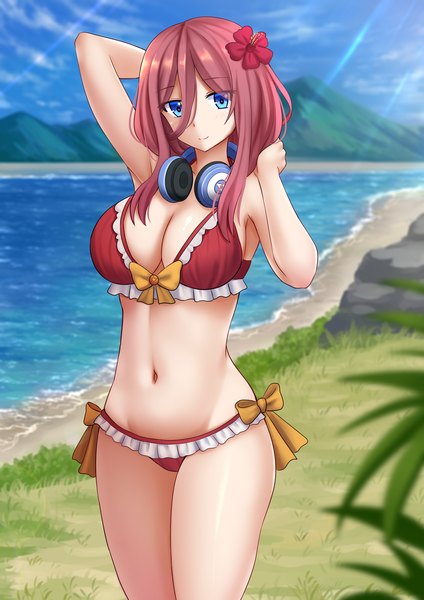 Anime picture 1200x1697 with go-toubun no hanayome nakano miku kazenokaze single long hair tall image looking at viewer fringe breasts blue eyes light erotic hair between eyes large breasts standing bare shoulders pink hair outdoors hair flower sunlight bare legs