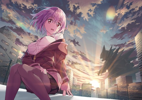 Anime picture 1275x900 with gridman universe ssss.gridman studio trigger shinjou akane k-me single looking at viewer fringe short hair breasts open mouth hair between eyes red eyes large breasts sitting pink hair sky cloud (clouds) bent knee (knees) outdoors