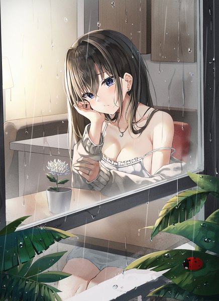 Anime picture 1000x1376 with original lkeris single long hair tall image blush fringe breasts blue eyes black hair hair between eyes large breasts sitting bare shoulders holding looking away cleavage indoors long sleeves head tilt