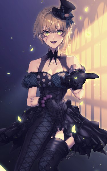 Anime picture 1129x1803 with idolmaster idolmaster cinderella girls miyamoto frederica ohagi (ymnky) single tall image looking at viewer blush fringe short hair breasts open mouth blonde hair smile hair between eyes sitting green eyes signed bent knee (knees) indoors
