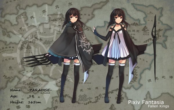 Anime picture 3750x2390 with original pixiv fantasia paradise (character) swd3e2 long hair looking at viewer highres black hair multiple girls absurdres black eyes dual persona girl thighhighs dress gloves weapon black thighhighs 2 girls sword