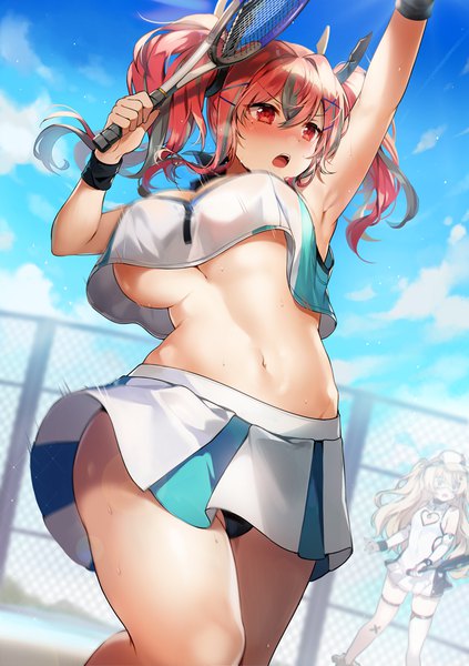 Anime picture 714x1013 with azur lane bremerton (azur lane) bremerton (scorching-hot training) (azur lane) bache (azur lane) bache (showy sports star) (azur lane) gijang long hair tall image blush fringe breasts open mouth light erotic hair between eyes red eyes large breasts twintails multiple girls holding looking away