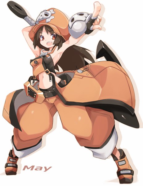 Anime picture 1153x1500 with guilty gear may (guilty gear) karukan (monjya) single long hair tall image open mouth simple background brown hair standing white background full body :d inscription bare belly armpit (armpits) orange eyes character names outstretched arm arm behind head