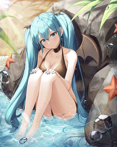 Anime picture 1600x2000 with vocaloid hatsune miku ekina (1217) single tall image looking at viewer blush fringe breasts blue eyes light erotic hair between eyes large breasts sitting twintails payot blue hair full body bent knee (knees) outdoors