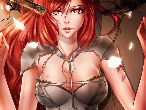 Anime picture 1000x752 with fairy tail erza scarlet kristallin-f (artist) single long hair looking at viewer breasts light erotic red eyes red hair lying tattoo girl weapon petals sword armor