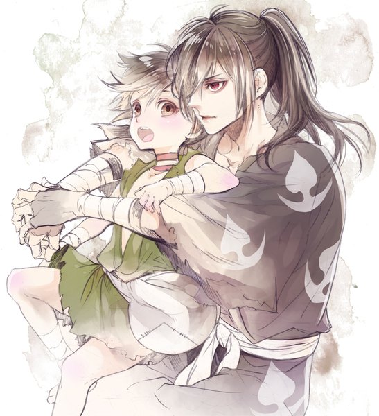 Anime picture 912x1000 with dororo (tezuka) hyakkimaru (dororo) dororo (character) sugahara ryuu long hair tall image blush fringe short hair open mouth black hair red eyes brown eyes ponytail traditional clothes japanese clothes hair over one eye hug hug from behind reverse trap