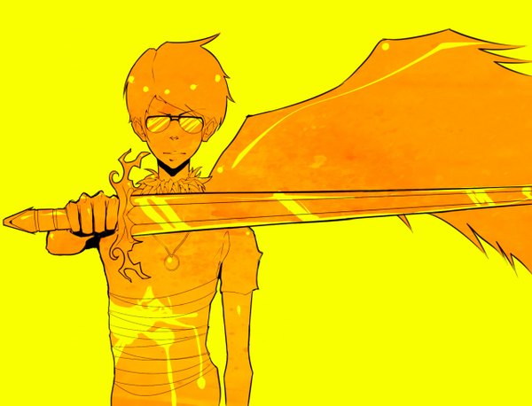 Anime picture 1280x979 with homestuck dave strider spazmaggot single short hair simple background monochrome yellow background boy weapon sword pendant sunglasses