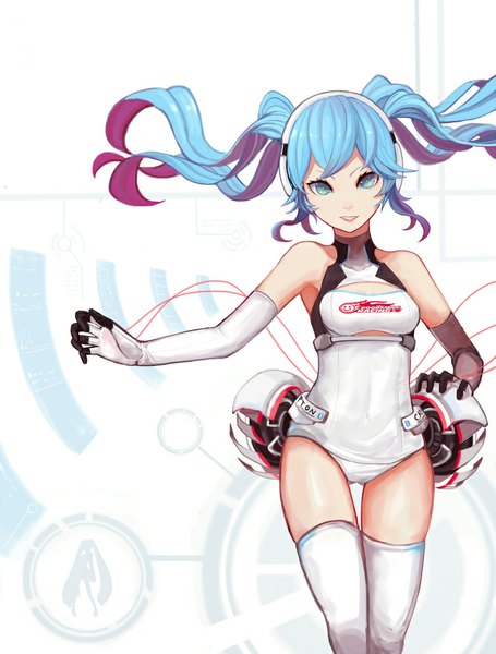 Anime picture 758x1000 with vocaloid goodsmile racing hatsune miku racing miku racing miku (2014) aurum saki single long hair tall image fringe smile blue hair pink hair multicolored hair aqua eyes two-tone hair covered navel girl thighhighs gloves