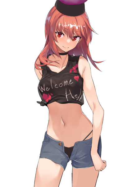 Anime picture 752x1062 with touhou hecatia lapislazuli asuzemu single long hair tall image looking at viewer fringe light erotic simple background smile hair between eyes red eyes white background red hair midriff open shorts girl navel underwear