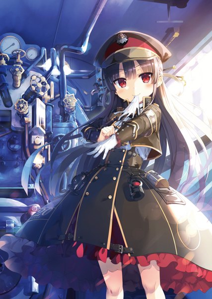 Anime picture 2917x4096 with maitetsu hachiroku (maitetsu) cura single long hair tall image looking at viewer blush fringe highres black hair smile red eyes standing holding blunt bangs sunlight mouth hold train interior adjusting gloves