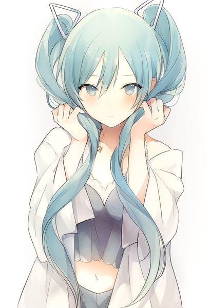 Anime picture 650x948 with vocaloid hatsune miku lpip single long hair tall image looking at viewer blush fringe breasts simple background hair between eyes white background twintails bare shoulders upper body long sleeves aqua eyes off shoulder aqua hair