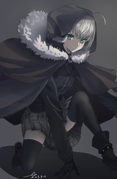 Anime picture 2293x3508 with fate (series) fate/grand order lord el-melloi ii case files gray (fate) user pwnr7245 single tall image looking at viewer blush fringe highres short hair simple background hair between eyes signed silver hair full body ahoge bent knee (knees) long sleeves