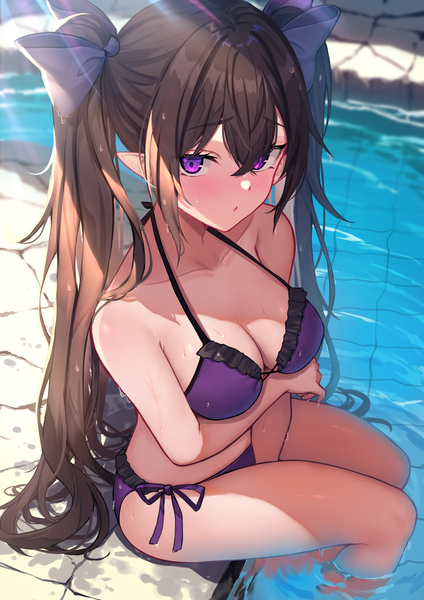 Anime picture 1447x2047 with touhou himekaidou hatate wowoguni single long hair tall image looking at viewer blush fringe breasts light erotic hair between eyes brown hair large breasts sitting purple eyes twintails payot sunlight wet