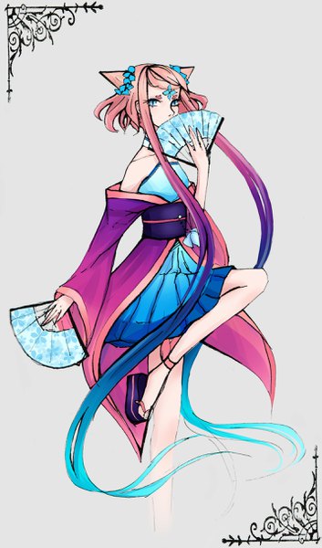 Anime picture 1431x2432 with original lon-li-mei single tall image looking at viewer short hair blue eyes simple background standing payot pink hair grey background standing on one leg gradient hair slit pupils obi fan