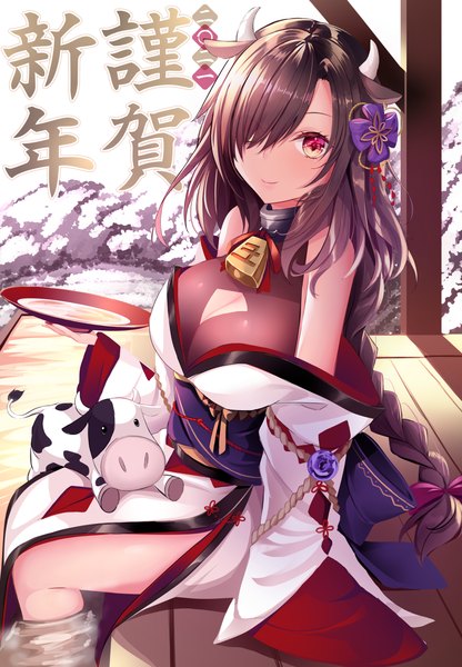 Anime picture 2000x2884 with original haruka natsuki single long hair tall image looking at viewer blush fringe highres breasts light erotic red eyes large breasts sitting holding animal ears braid (braids) horn (horns) hair over one eye off shoulder