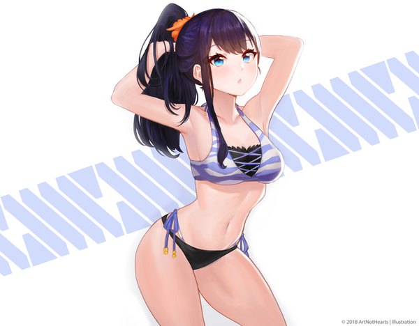 Anime picture 1280x1000 with gridman universe ssss.gridman studio trigger takarada rikka edward montenegro single long hair looking at viewer blush fringe breasts open mouth blue eyes light erotic black hair simple background standing white background signed payot