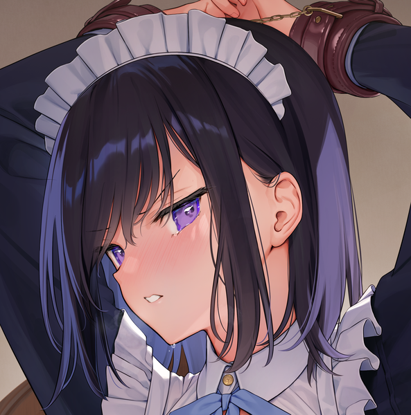 Anime-Bild 2157x2181 mit original sarah-san (mignon) mignon single tall image looking at viewer blush fringe highres short hair black hair simple background hair between eyes purple eyes parted lips embarrassed close-up face brown background chained