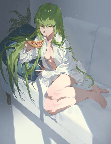 Anime picture 1162x1500 with code geass sunrise (studio) c.c. fajyobore single long hair tall image fringe breasts light erotic hair between eyes sitting holding yellow eyes looking away indoors long sleeves barefoot green hair from above