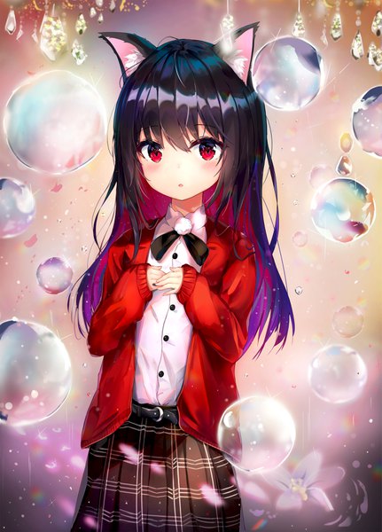 Anime picture 2521x3508 with original dana (hapong07) single long hair tall image looking at viewer blush fringe highres open mouth black hair hair between eyes red eyes standing animal ears multicolored hair cat ears open clothes :o sleeves past wrists