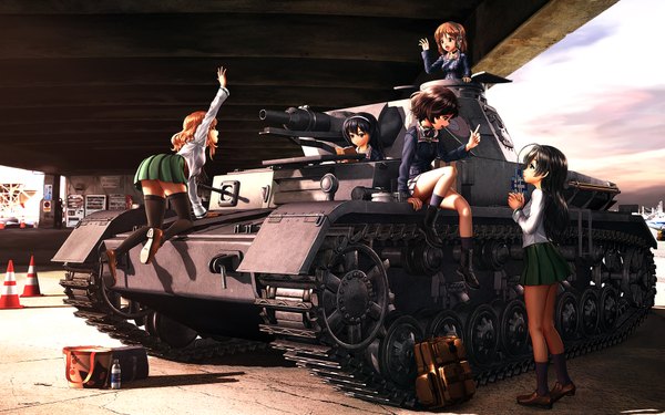 Anime picture 1920x1200 with girls und panzer nishizumi miho akiyama yukari takebe saori reizei mako isuzu hana yuuki (gainstar) long hair highres short hair black hair brown hair wide image multiple girls black eyes girl thighhighs skirt uniform weapon