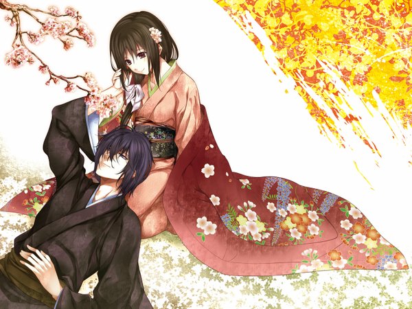 Anime picture 1400x1050 with hakuouki shinsengumi kitan studio deen tagme (character) fringe short hair blue eyes black hair simple background smile red eyes japanese clothes hair flower hair over one eye couple cherry blossoms holding hands girl boy hair ornament flower (flowers)