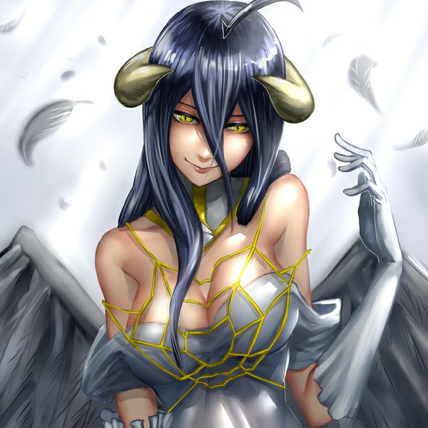 Anime picture 1000x1000 with overlord (maruyama) madhouse albedo (overlord) zhan single long hair looking at viewer breasts light erotic black hair smile yellow eyes cleavage horn (horns) girl dress gloves wings white gloves feather (feathers)