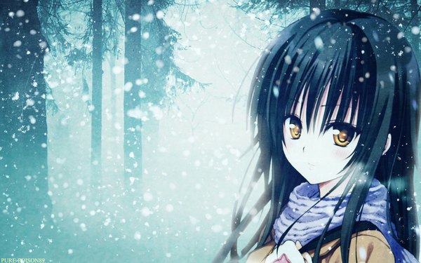Anime picture 1920x1200 with toloveru xebec kotegawa yui single long hair highres black hair wide image yellow eyes wind snowing winter snow girl plant (plants) tree (trees) scarf