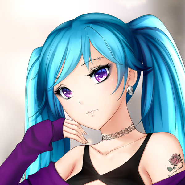 Anime picture 832x832 with original gigamessy single long hair looking at viewer blush fringe breasts simple background purple eyes twintails bare shoulders payot upper body head tilt off shoulder aqua hair tattoo gradient background piercing