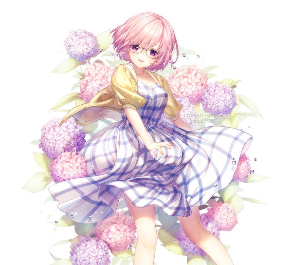Anime picture 1200x1088 with fate (series) fate/grand order mash kyrielight rosuuri single looking at viewer blush fringe short hair white background purple eyes signed pink hair parted lips head tilt :d happy floral background dress flower (flowers)