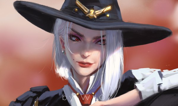 Anime picture 1892x1126 with overwatch blizzard entertainment ashe (overwatch) wlop single highres short hair red eyes wide image signed looking away white hair realistic mole lipstick eyeshadow red lipstick makeup girl hat