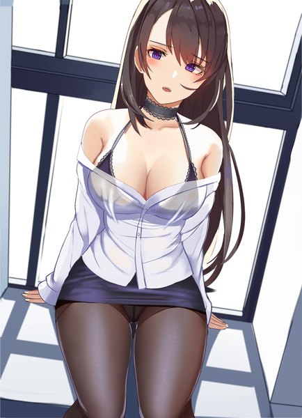 Anime picture 800x1105 with original gg-e single long hair tall image looking at viewer blush fringe breasts open mouth light erotic hair between eyes brown hair large breasts sitting purple eyes bare shoulders cleavage off shoulder shadow